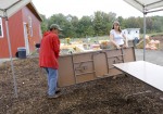 Setting up tables for the food court.